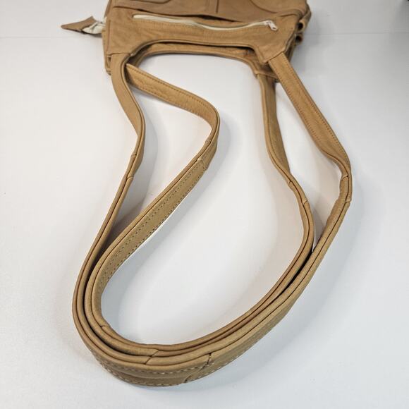 Vintage Soft Light Brown Leather 6 Pocket 2 Strap Whale Tail Lg Shoulder Bag - Picture 5 of 13